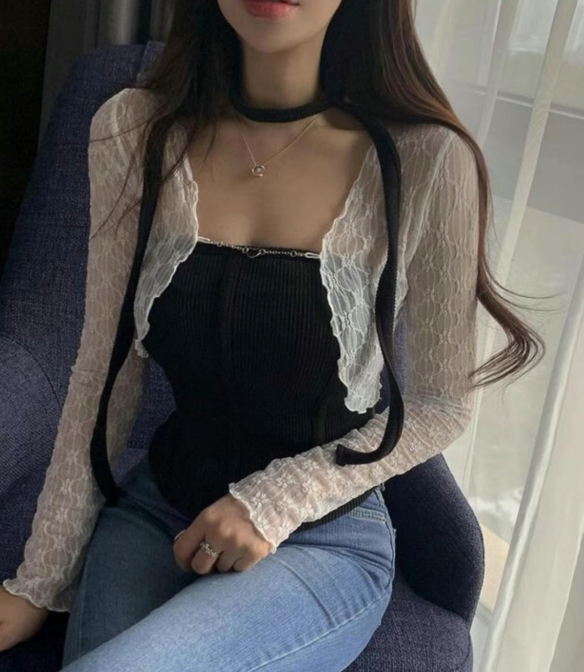 小性感蕾絲暗花掛鏈外套