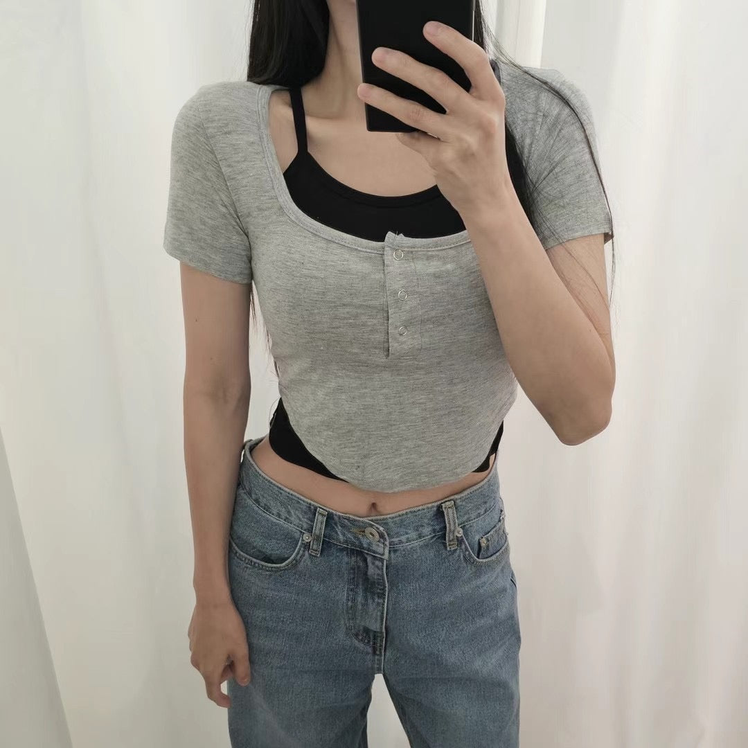 簡約小性感開鈕背心兩件套
