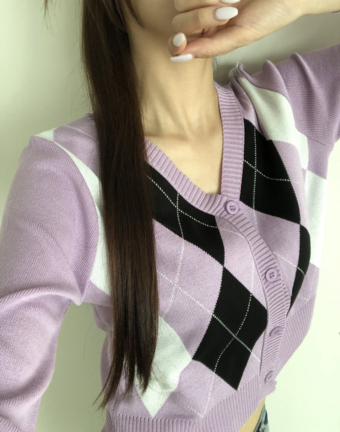 拼色菱格紋針織Cardigans