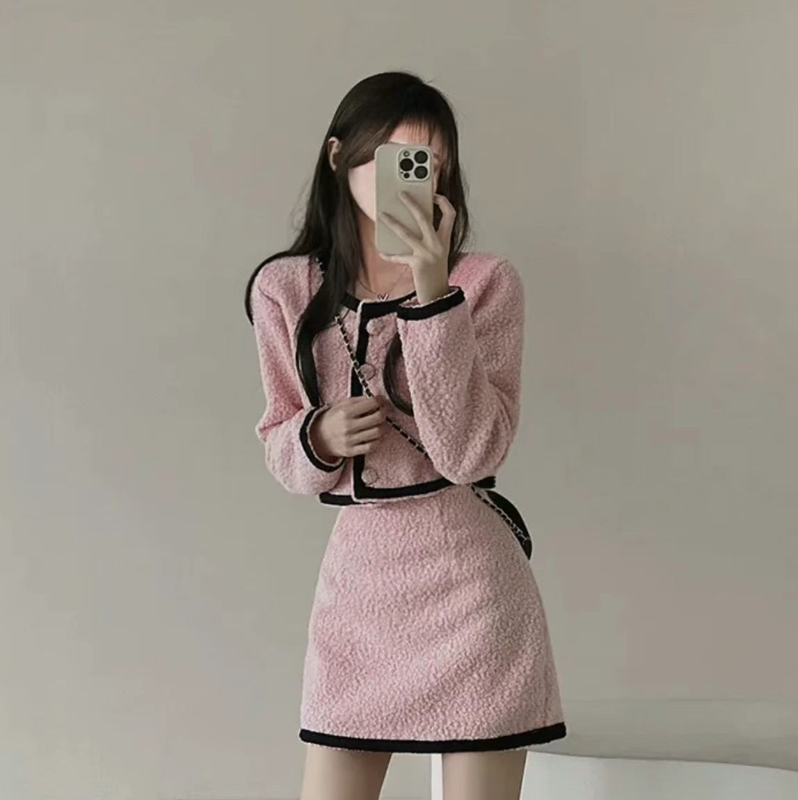 羊羔毛毛拼色小香風套裝