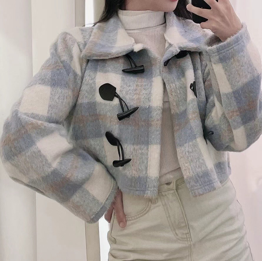 CP值外套!! 少女格仔牛角毛呢外套