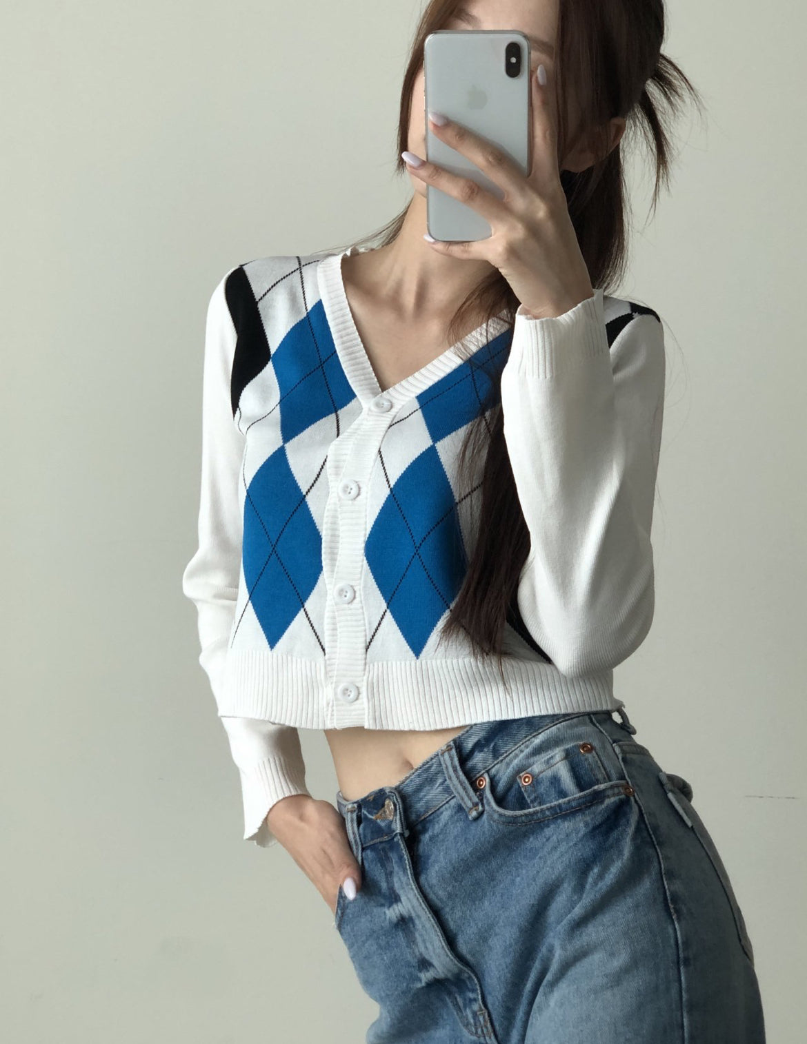 拼色菱格紋針織Cardigans