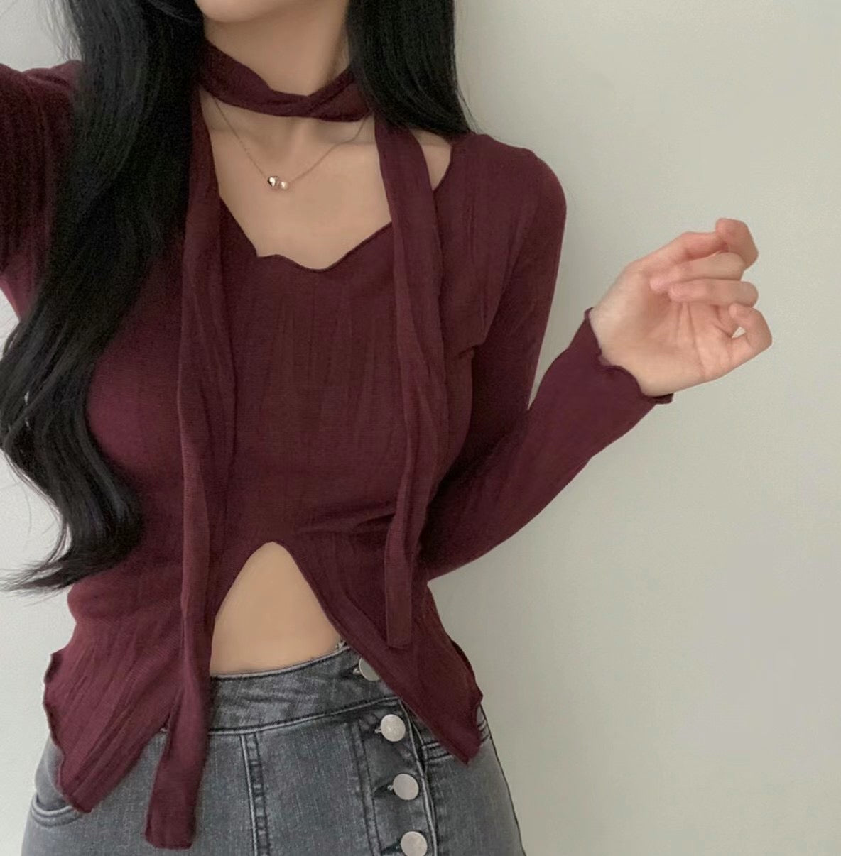 小性感綁頸開衩上衣
