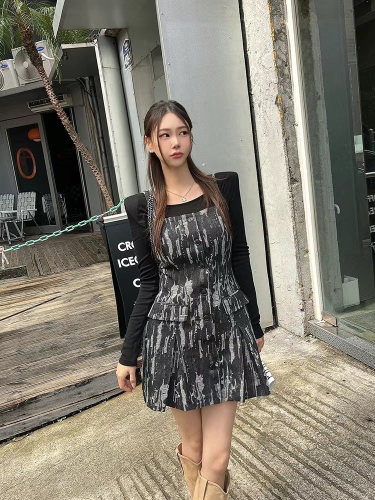 設計感扎染潑墨吊帶連身裙