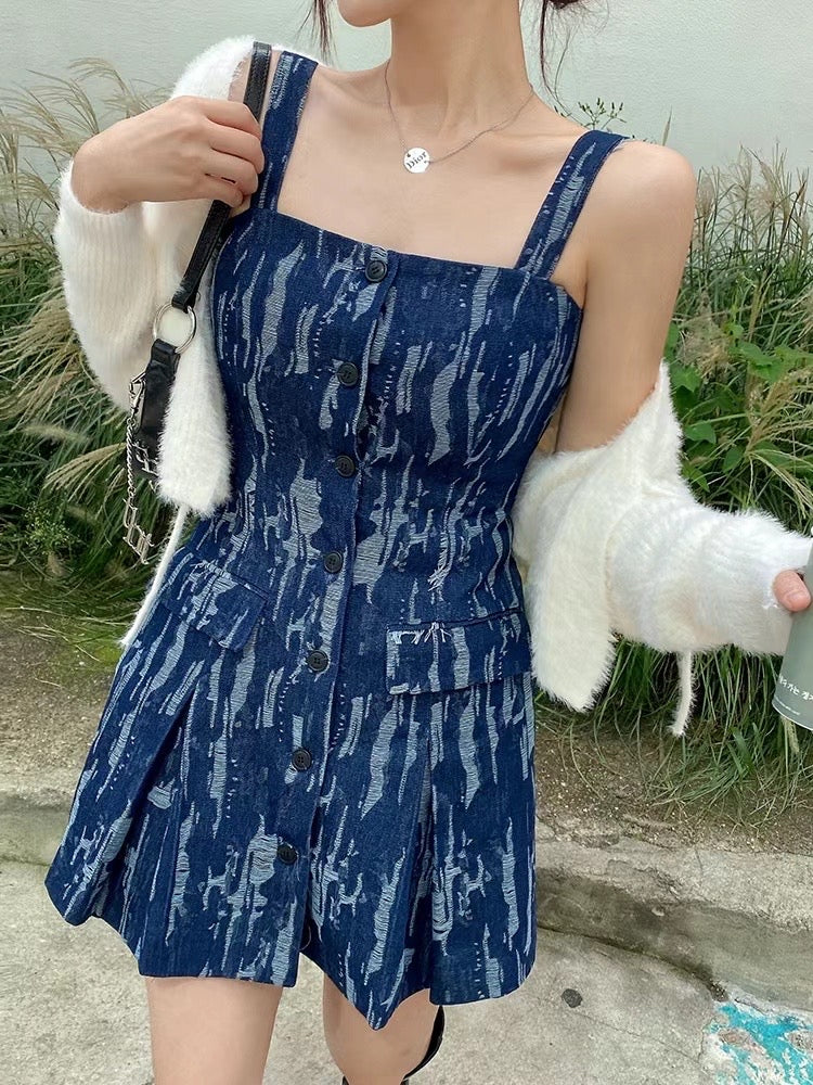 設計感扎染潑墨吊帶連身裙
