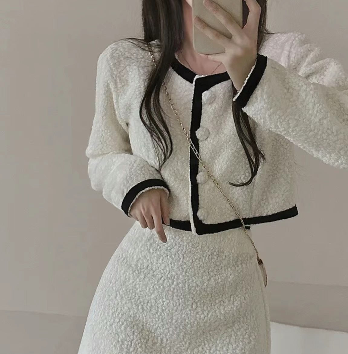 羊羔毛毛拼色小香風套裝