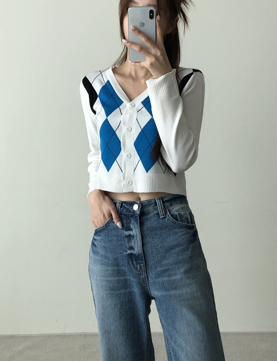拼色菱格紋針織Cardigans
