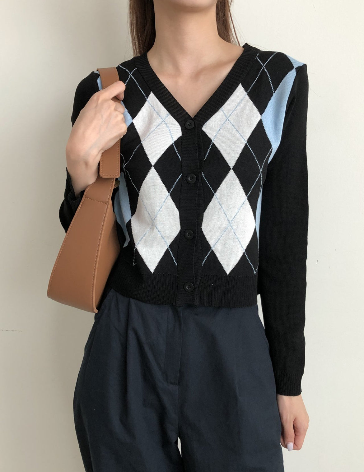 拼色菱格紋針織Cardigans