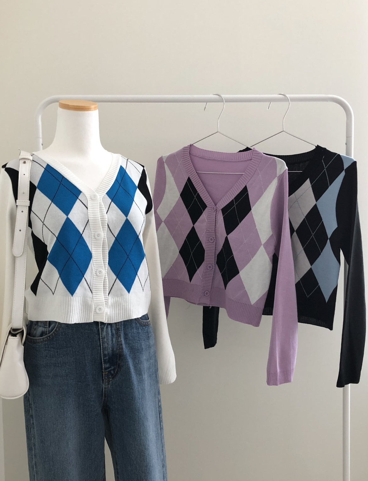 拼色菱格紋針織Cardigans