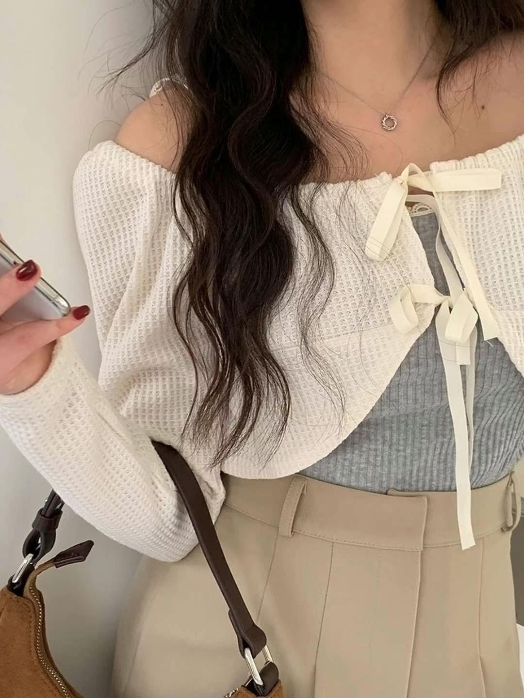 Double Ribbon Waffle Cardigan