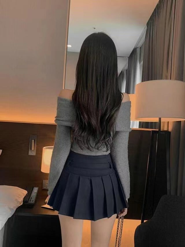 型格皮帶高腰百摺裙