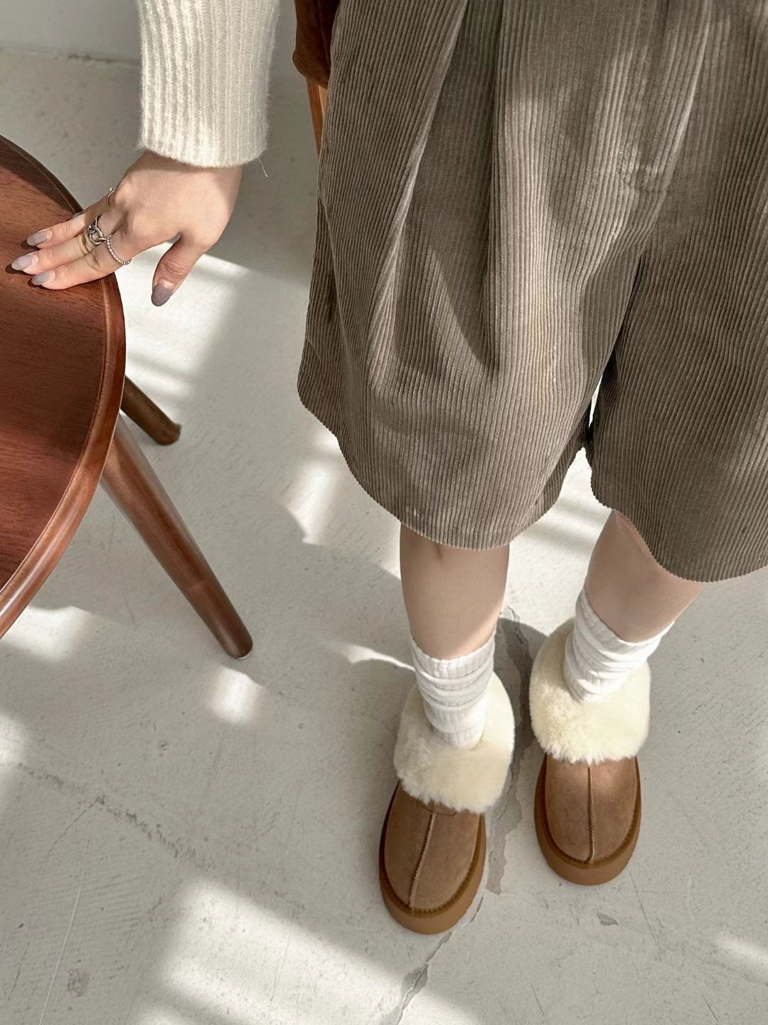 5cm厚底增高!! Cashmere Leather Slipper