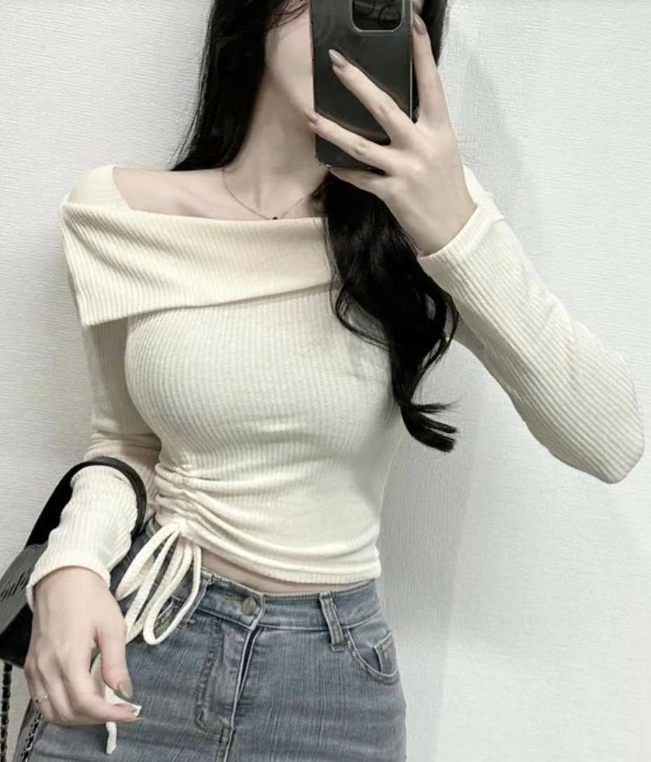 小性感折疊方領抽繩Top