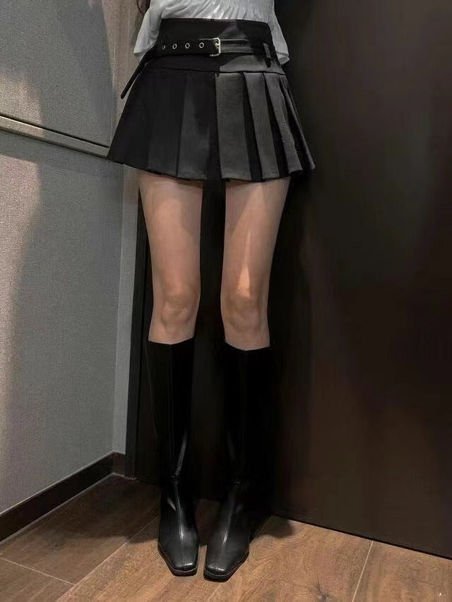 型格皮帶高腰百摺裙
