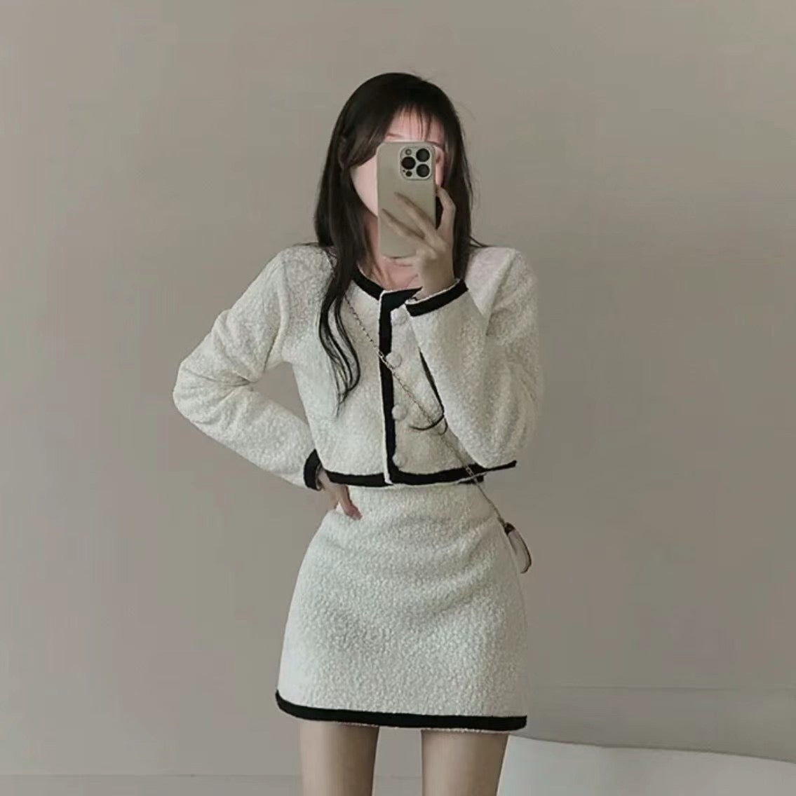 羊羔毛毛拼色小香風套裝
