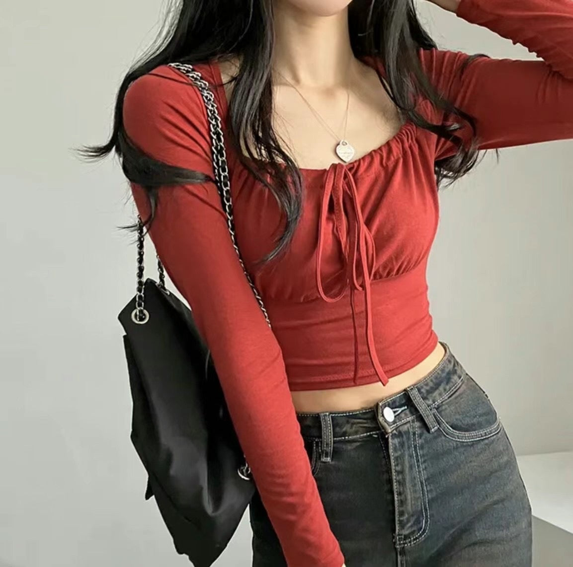 小性感交叉綁帶長袖Top