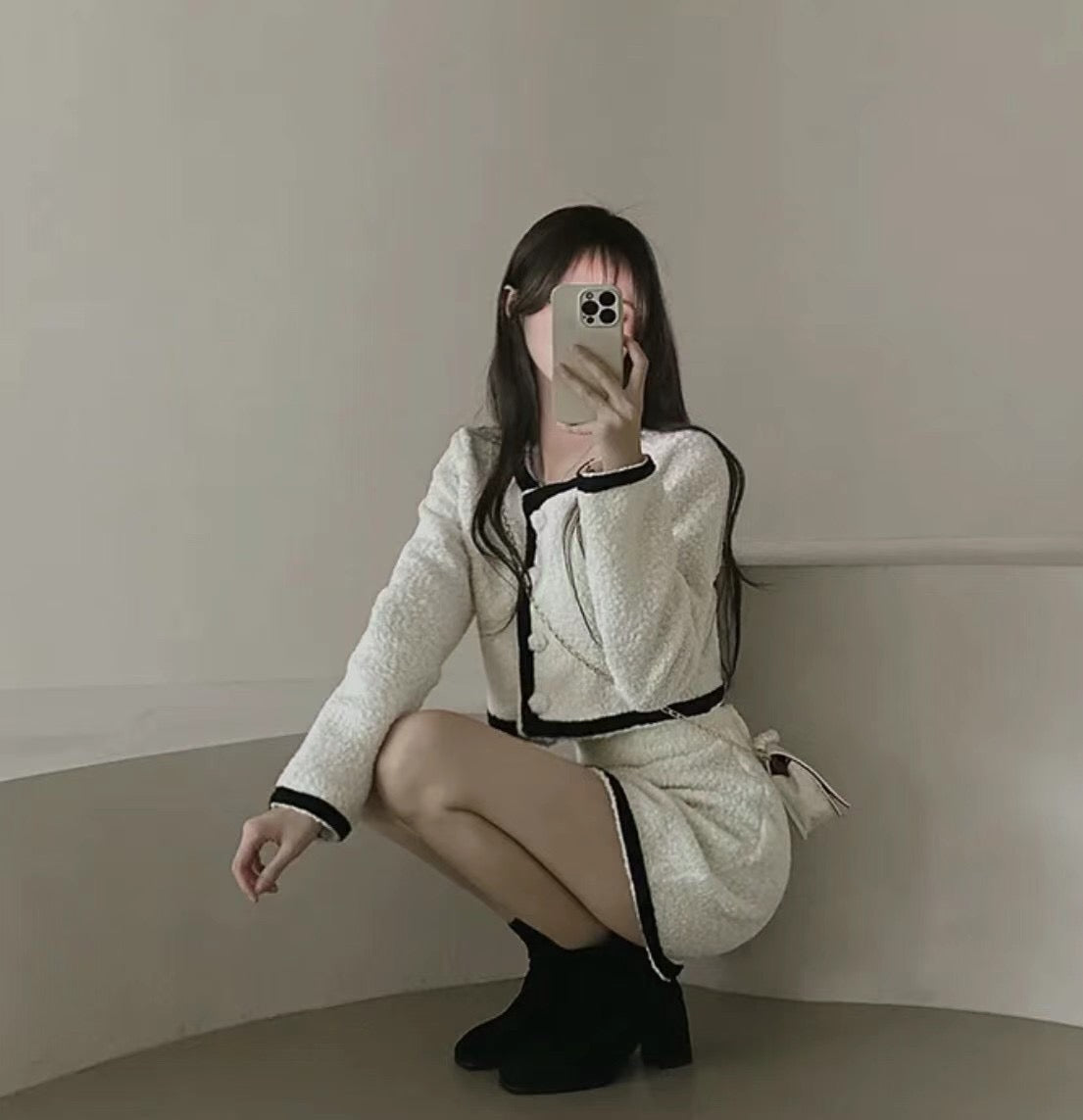羊羔毛毛拼色小香風套裝