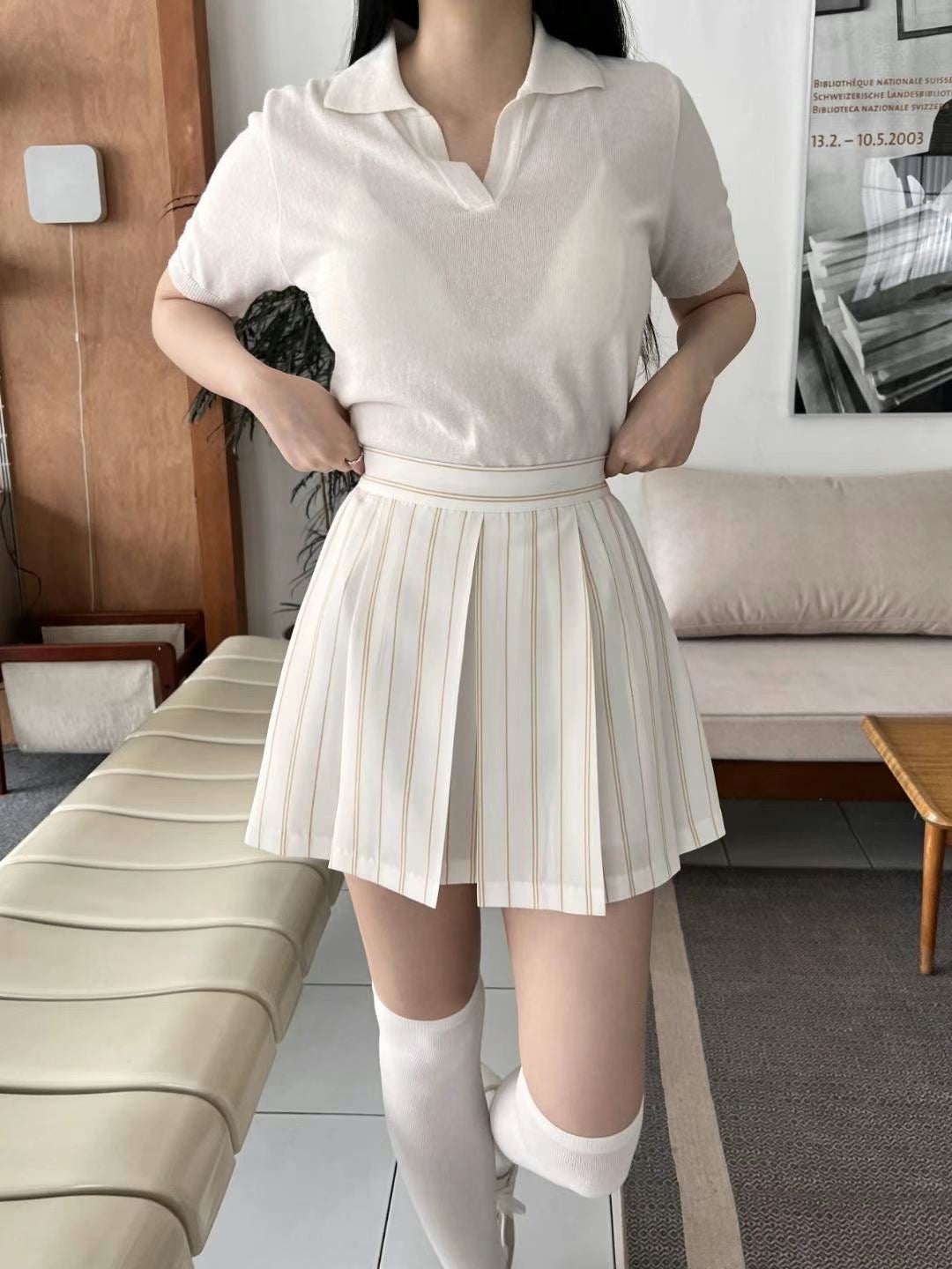 高質條紋百褶短裙