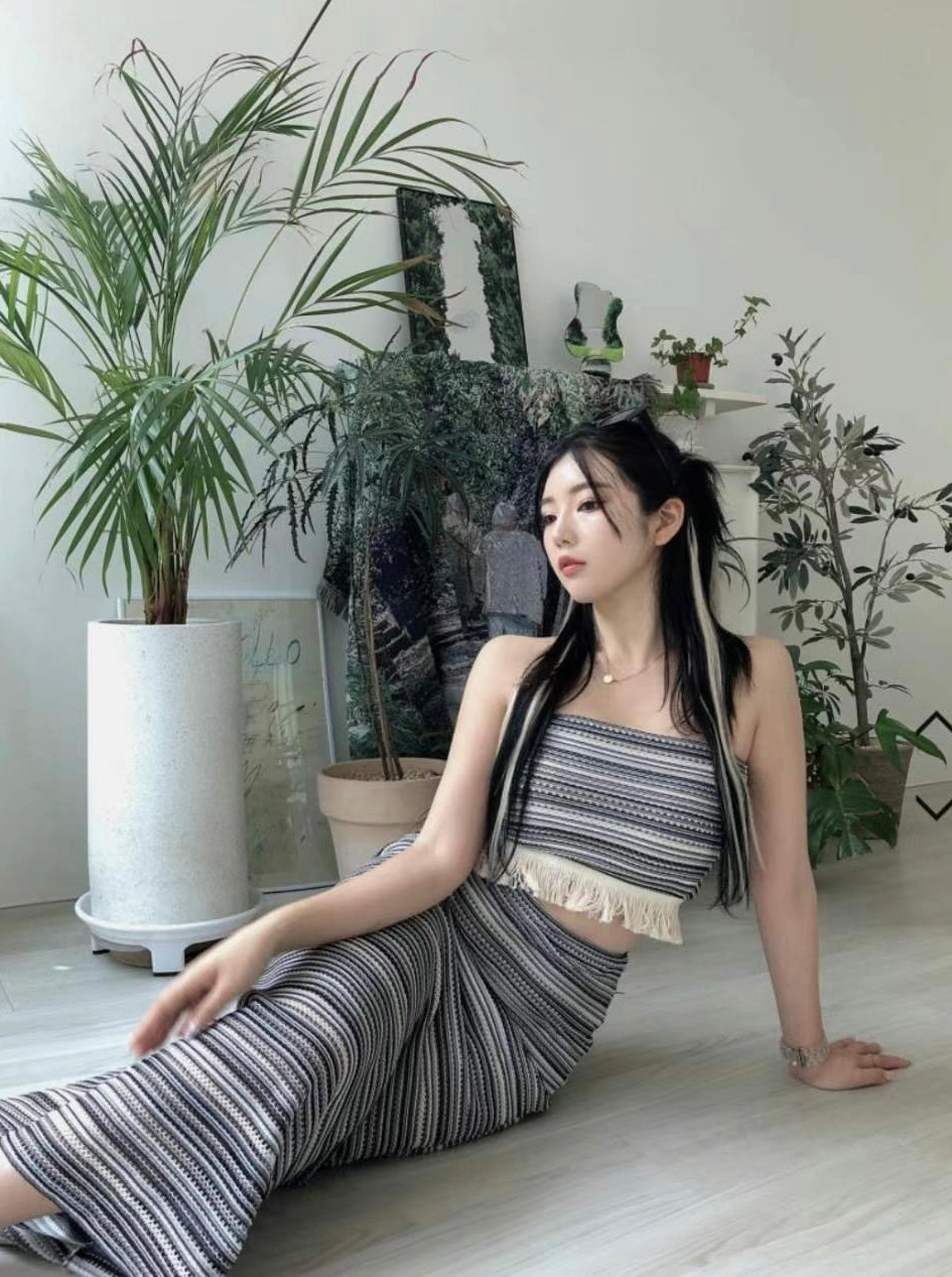 流蘇間條美人魚長裙Set