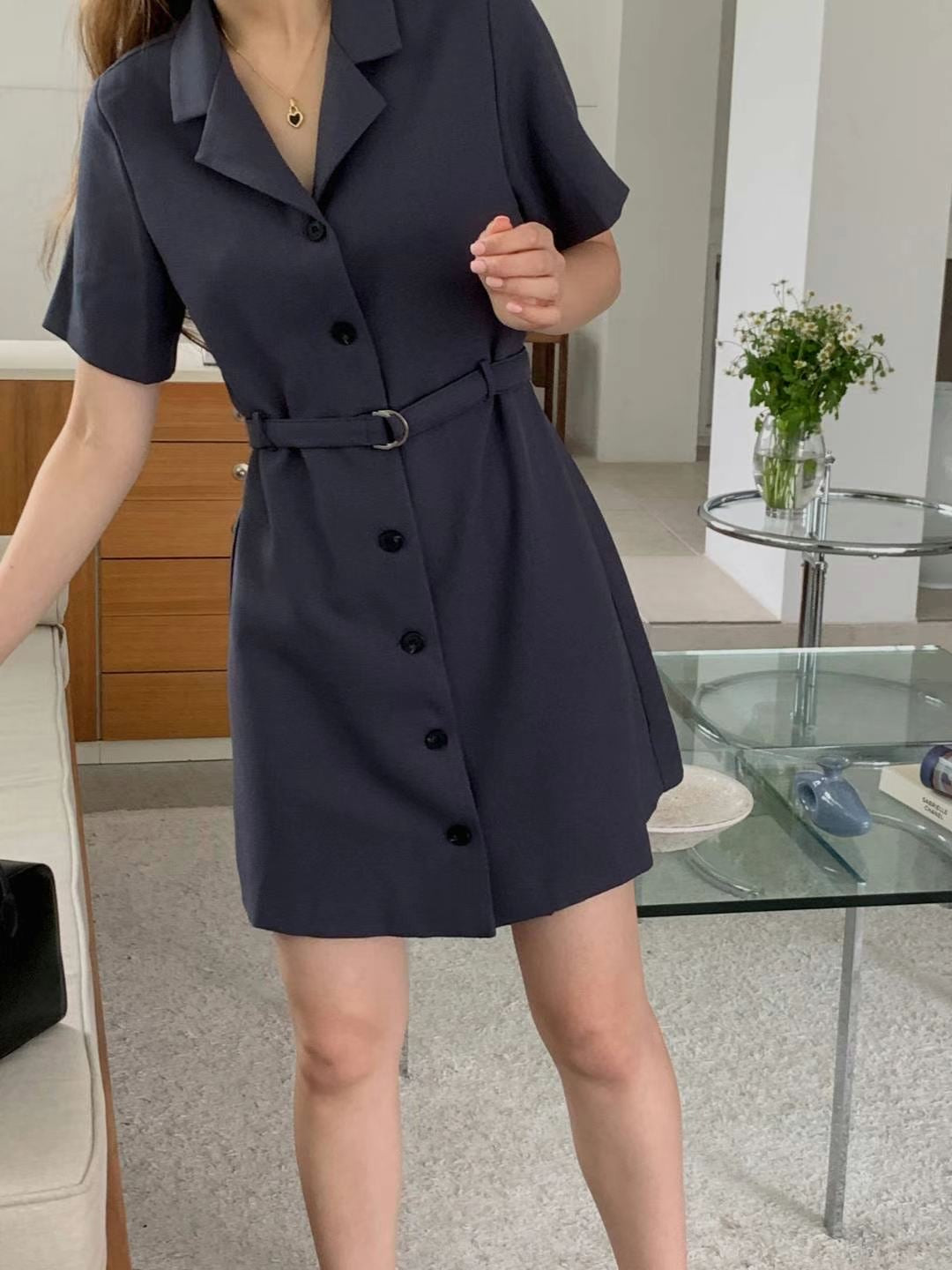 翻領腰帶西裝連身裙