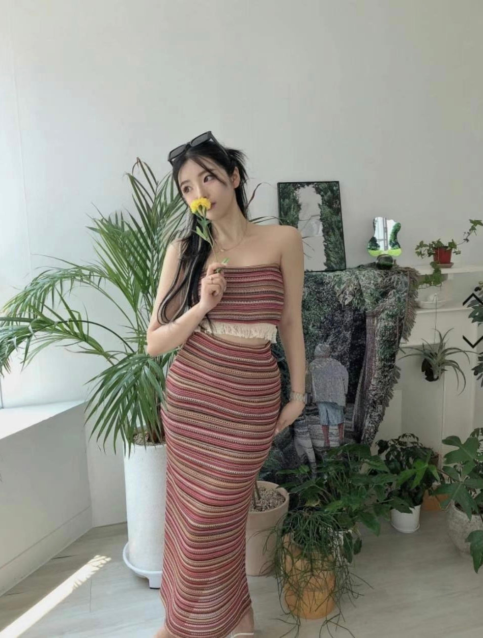 流蘇間條美人魚長裙Set
