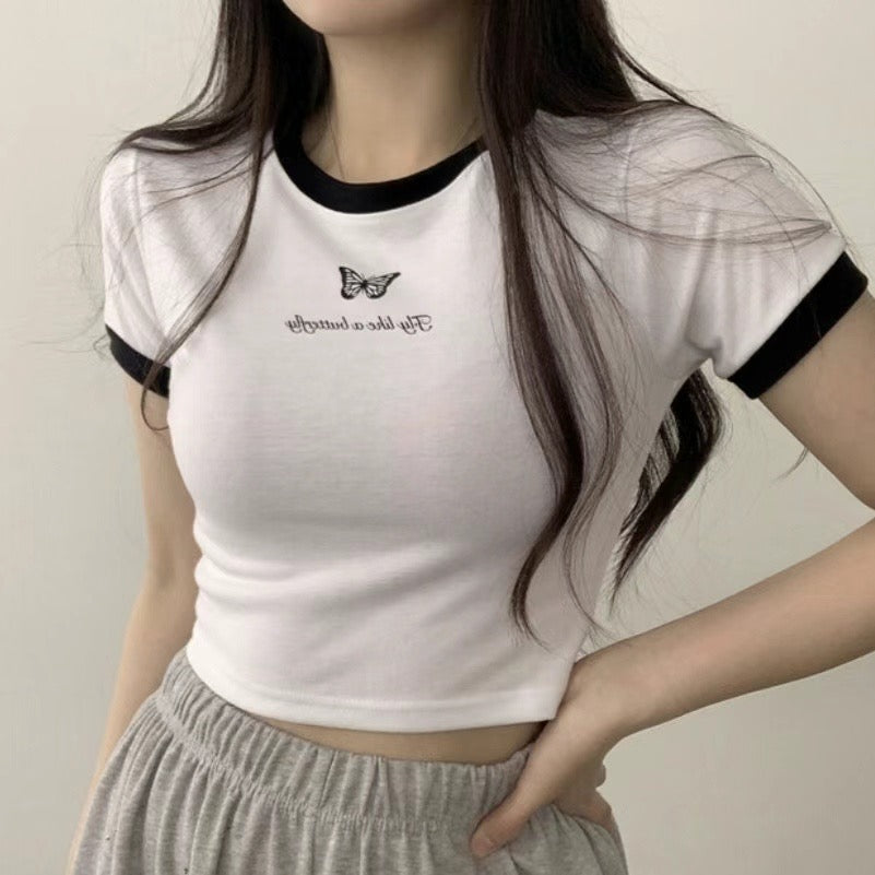 小蝴蝶拼色Crop T