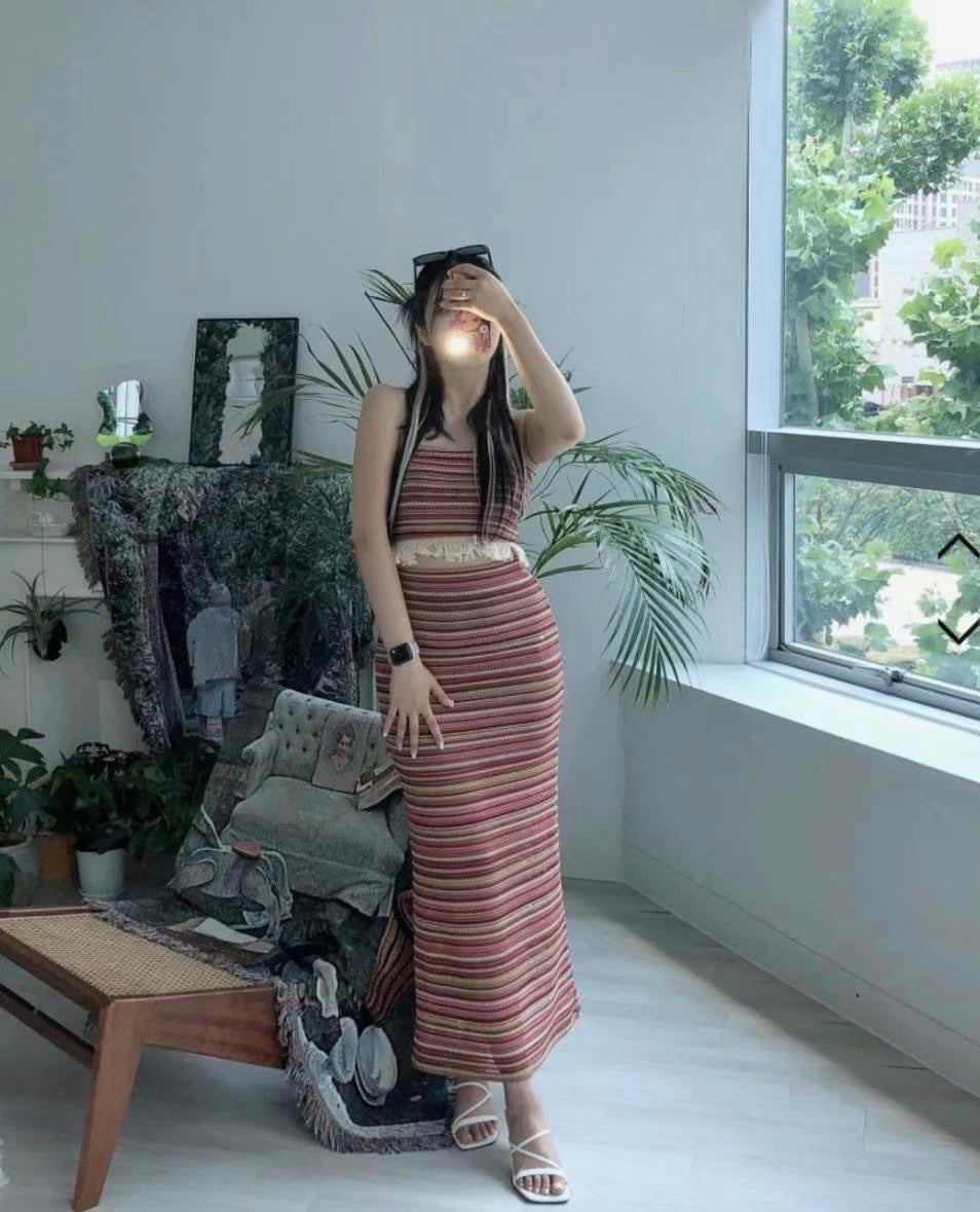 流蘇間條美人魚長裙Set