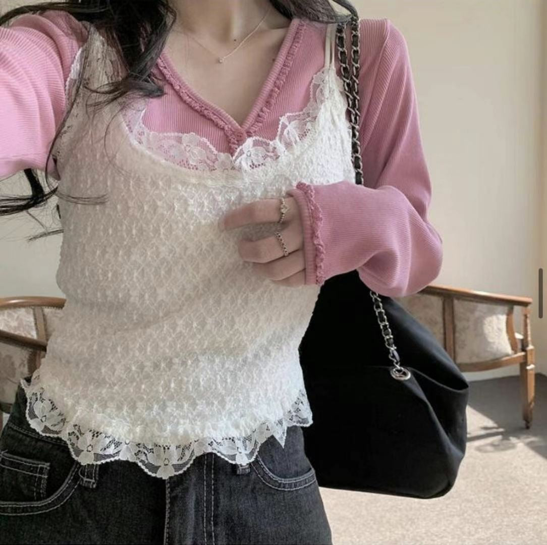 十字花甜美蕾絲小背心