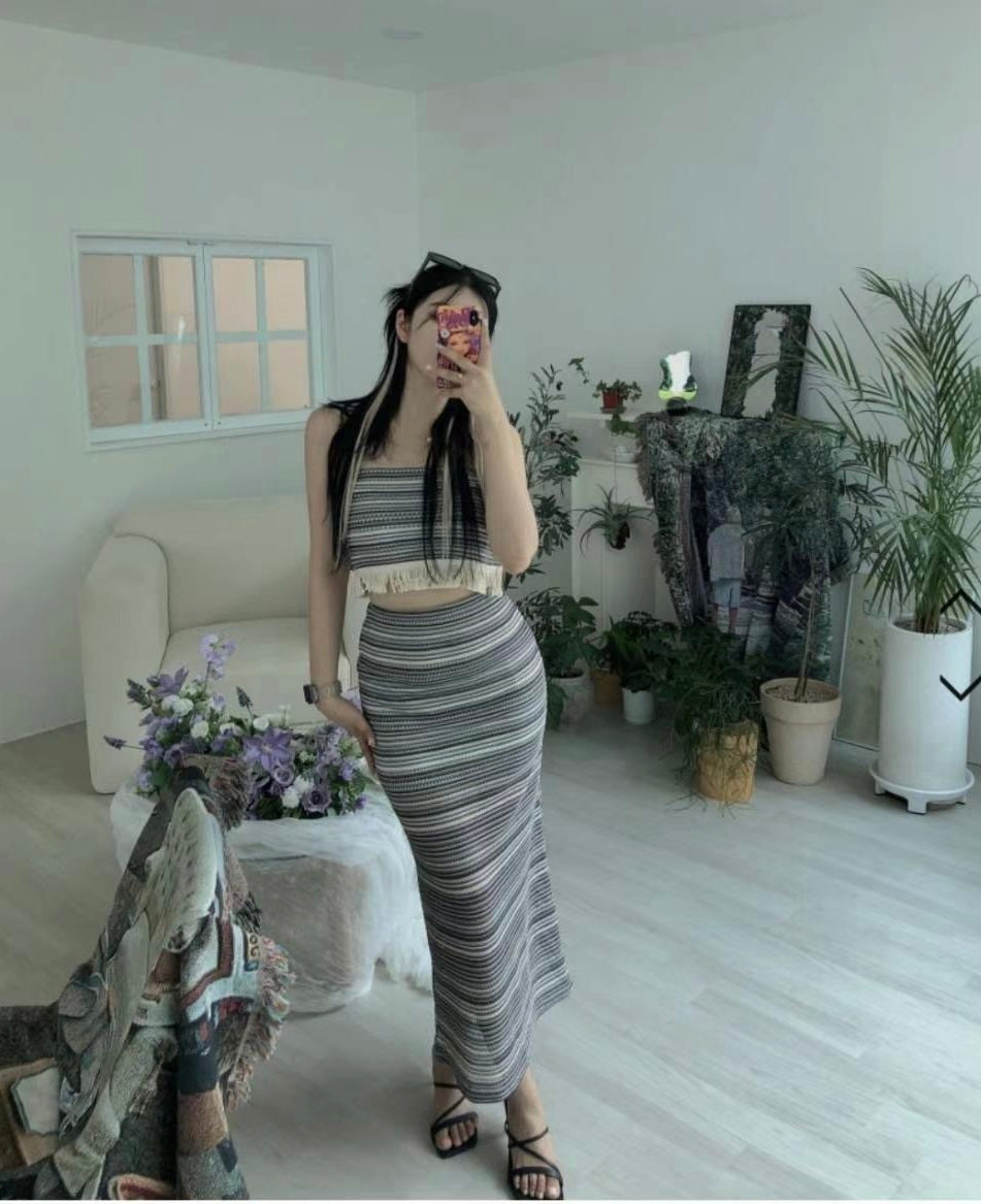 流蘇間條美人魚長裙Set