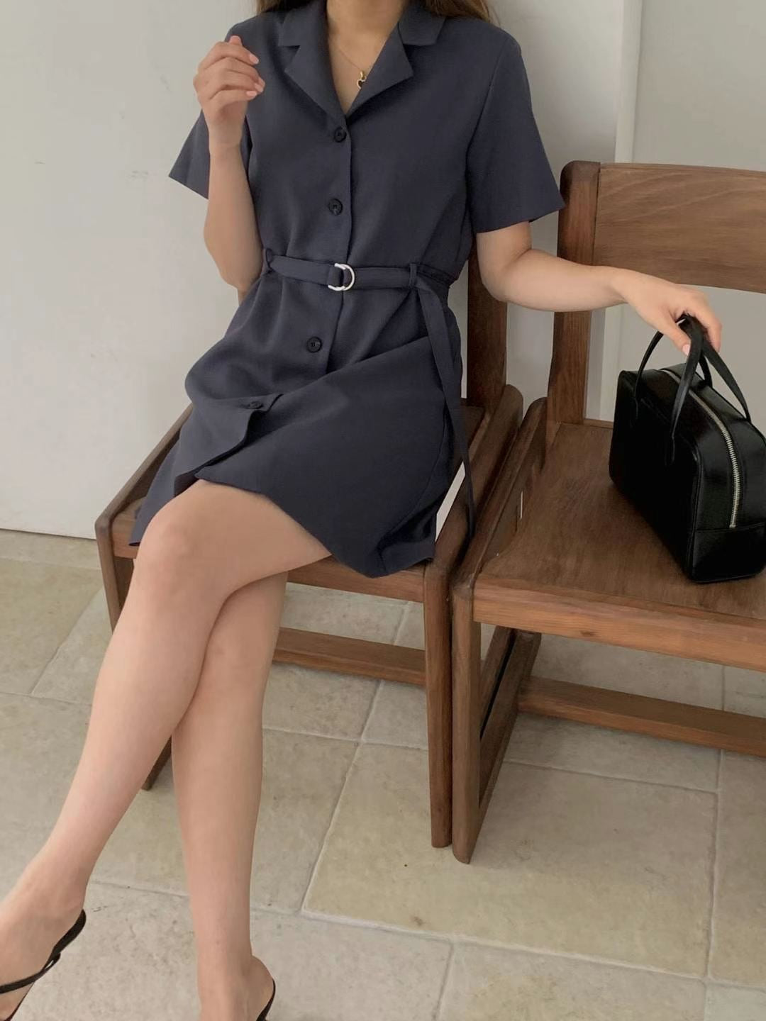 翻領腰帶西裝連身裙