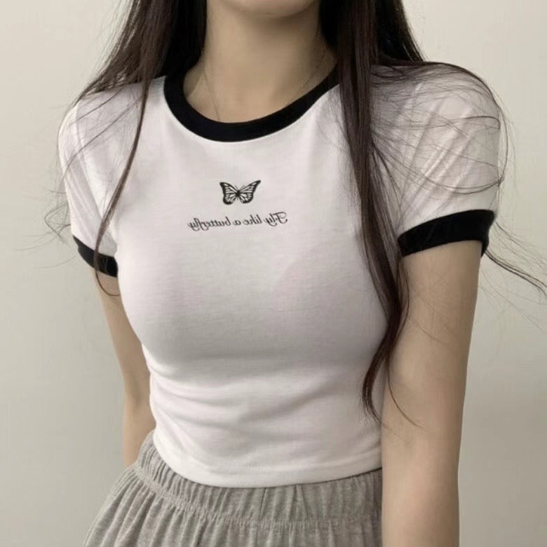 小蝴蝶拼色Crop T
