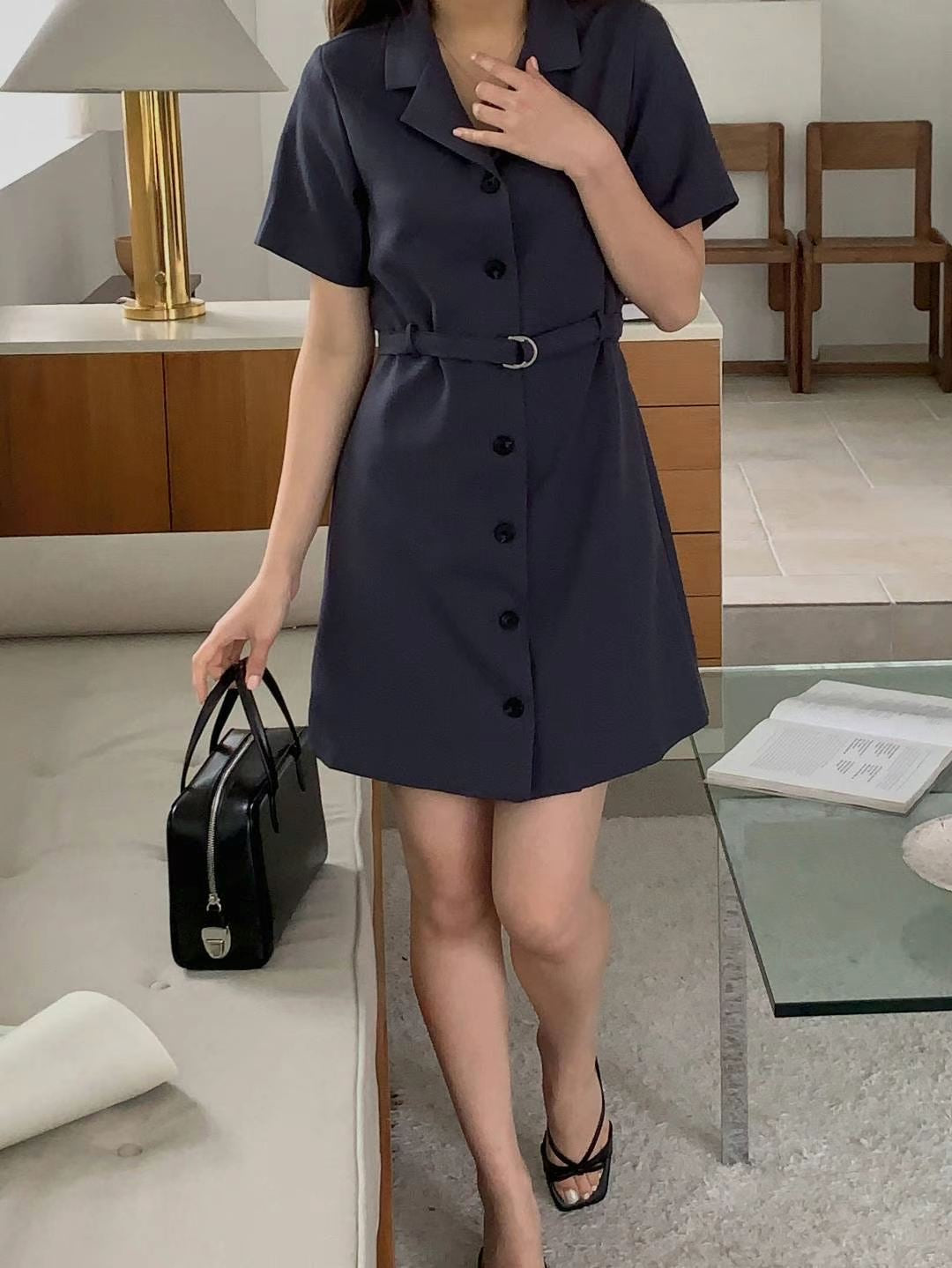 翻領腰帶西裝連身裙