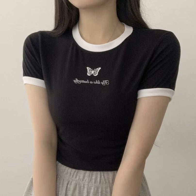 小蝴蝶拼色Crop T
