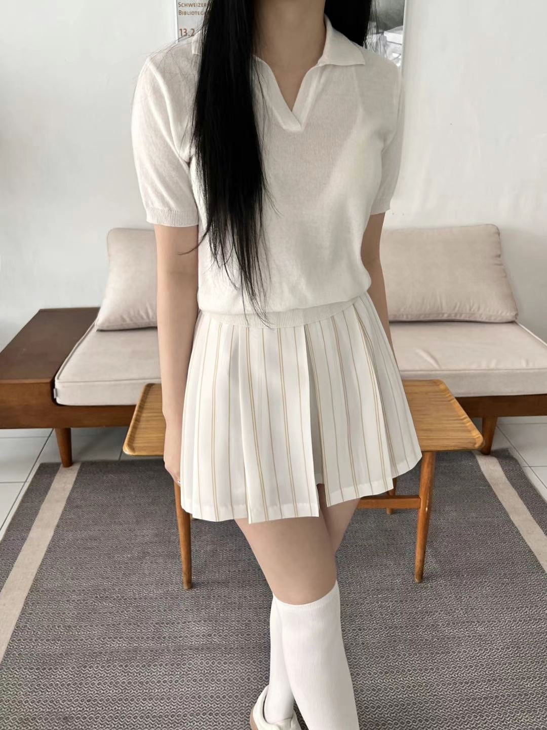 高質條紋百褶短裙