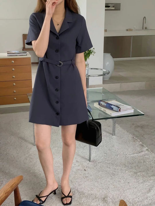 翻領腰帶西裝連身裙