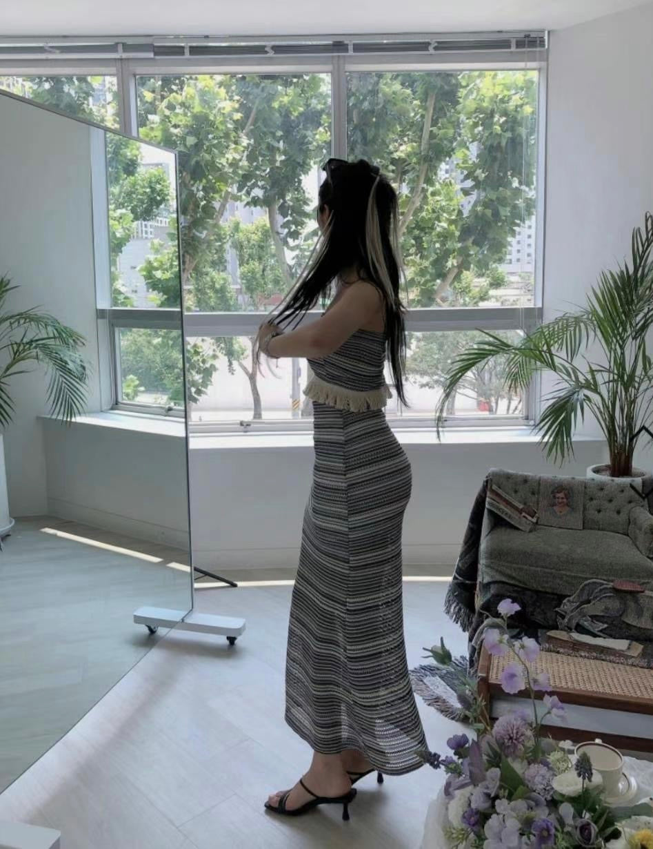 流蘇間條美人魚長裙Set