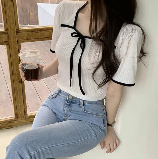 拼色綁帶蝴蝶結針織Top
