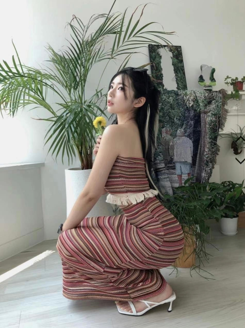 流蘇間條美人魚長裙Set