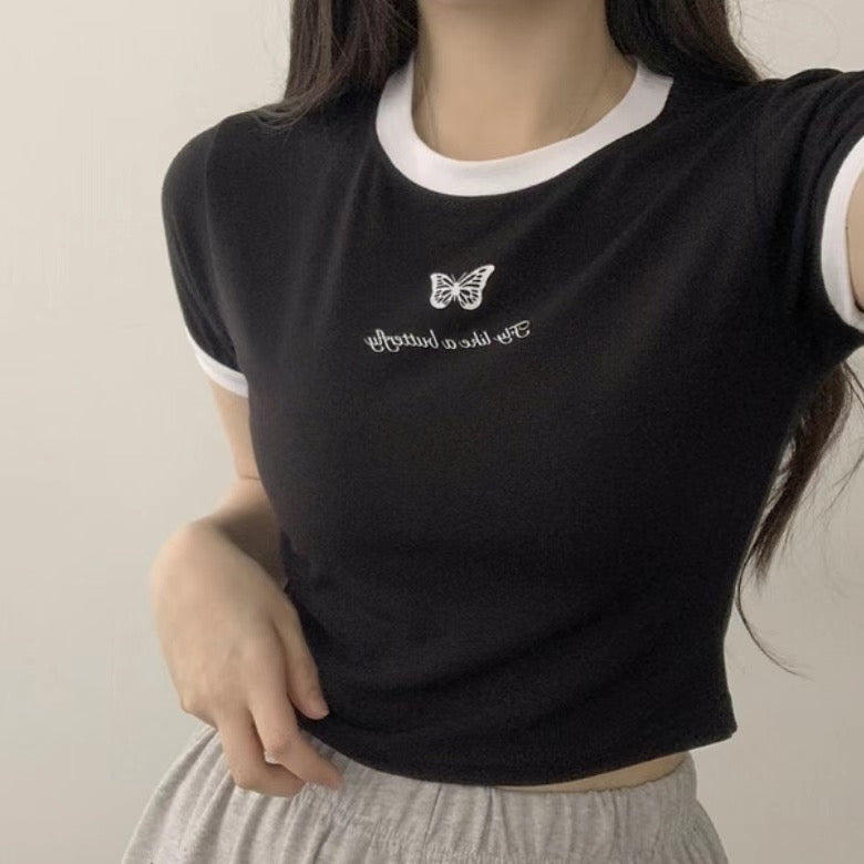 小蝴蝶拼色Crop T