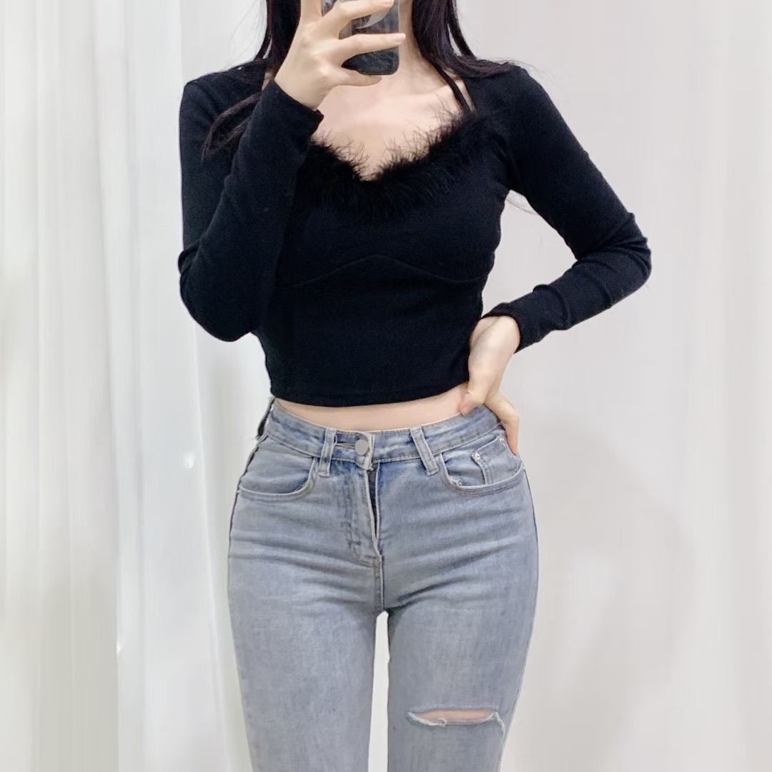 【極可愛點綴】心形領口毛毛貼身Crop Top