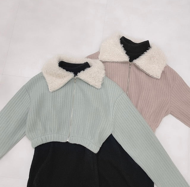 燈芯絨毛毛外套+背心裙 Set