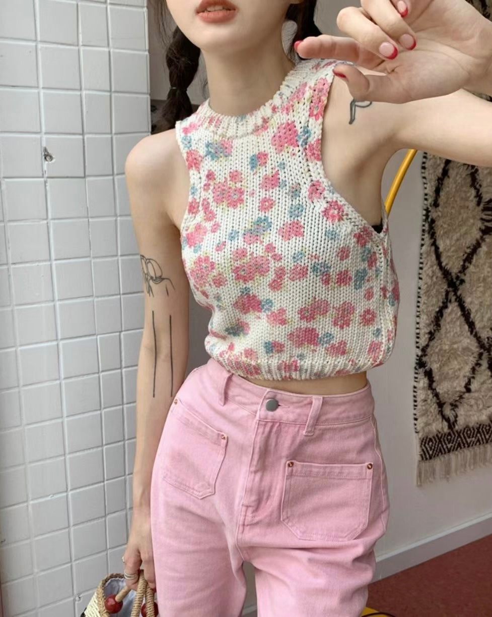 少女幼齡感可愛花花針織背心