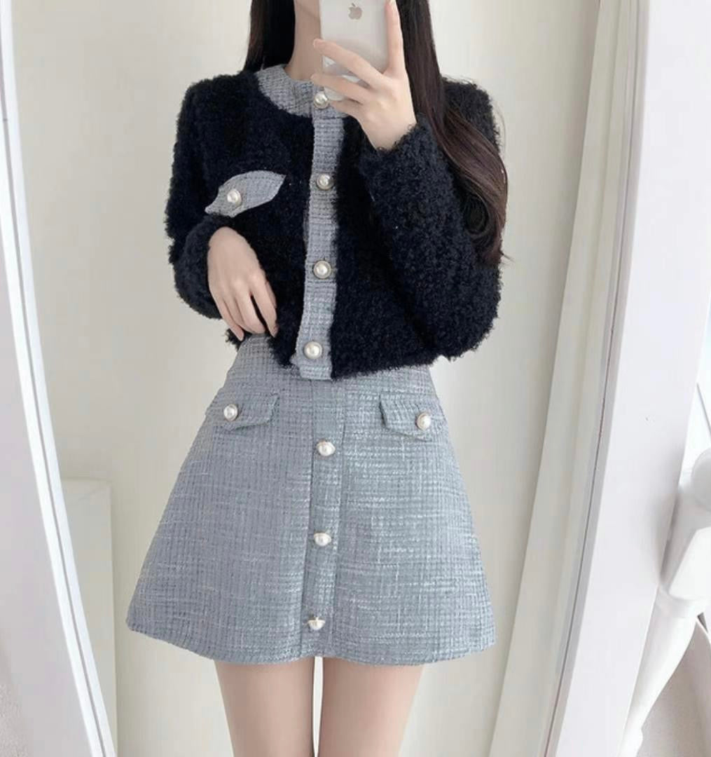 毛毛珍珠小香風拼色Cardigans
