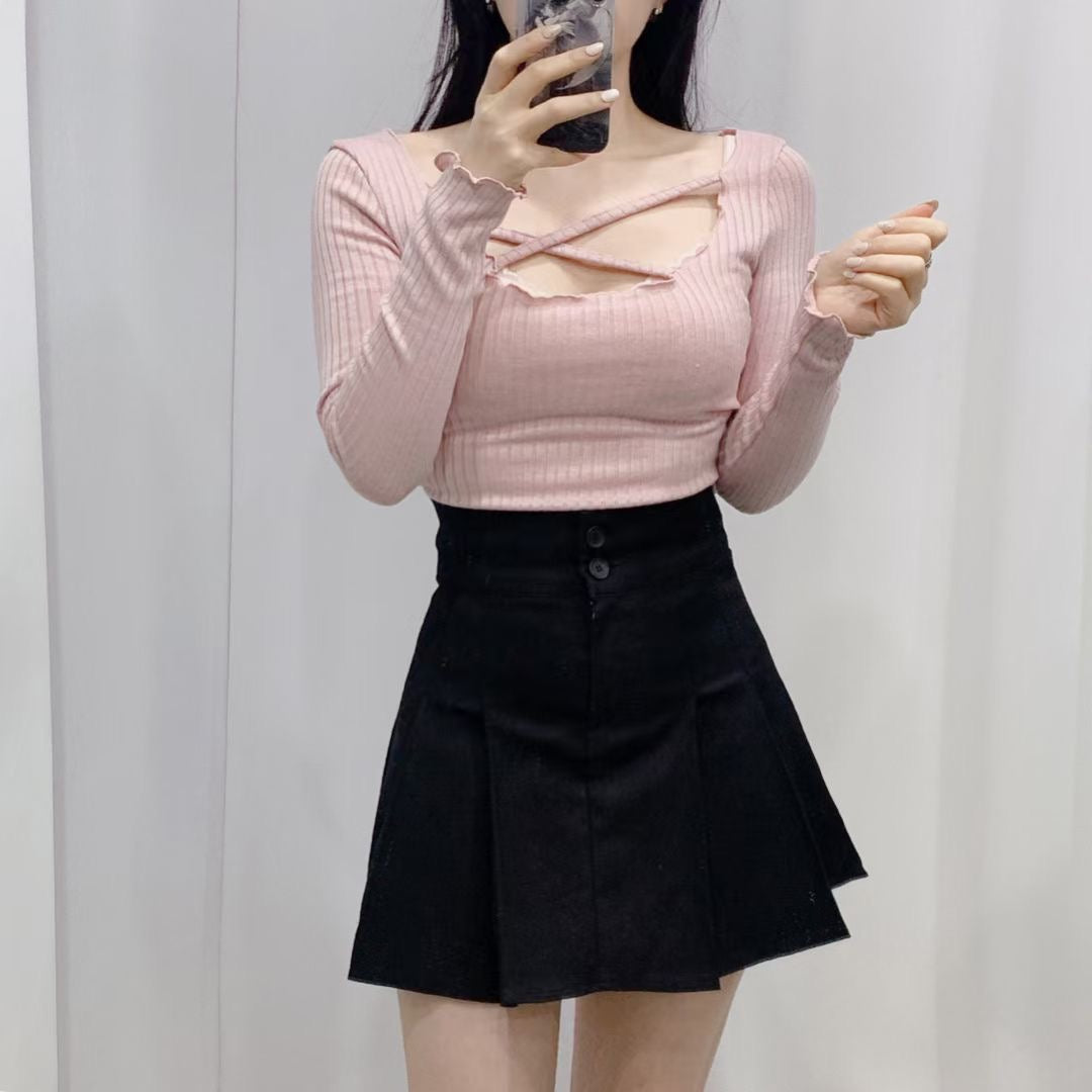 交叉綁帶木耳邊Top