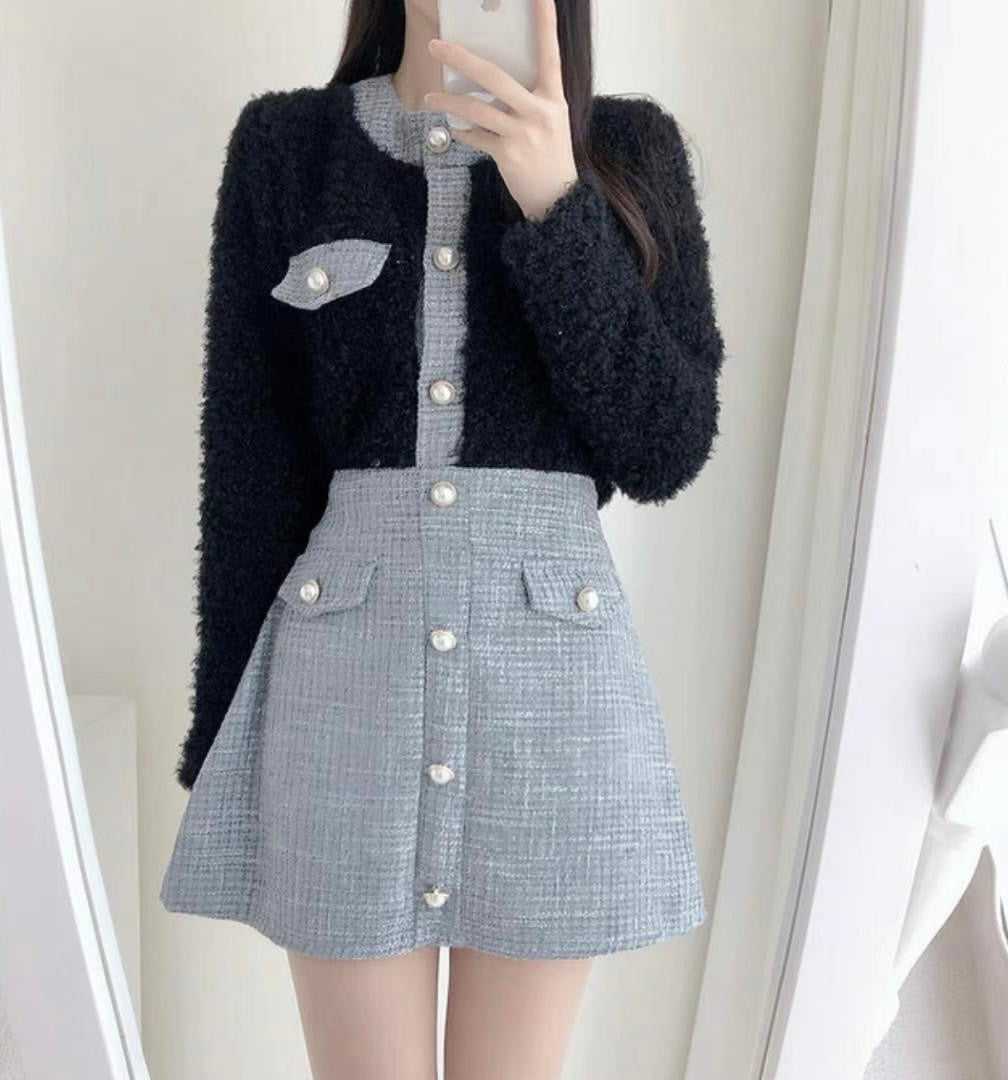毛毛珍珠小香風拼色Cardigans