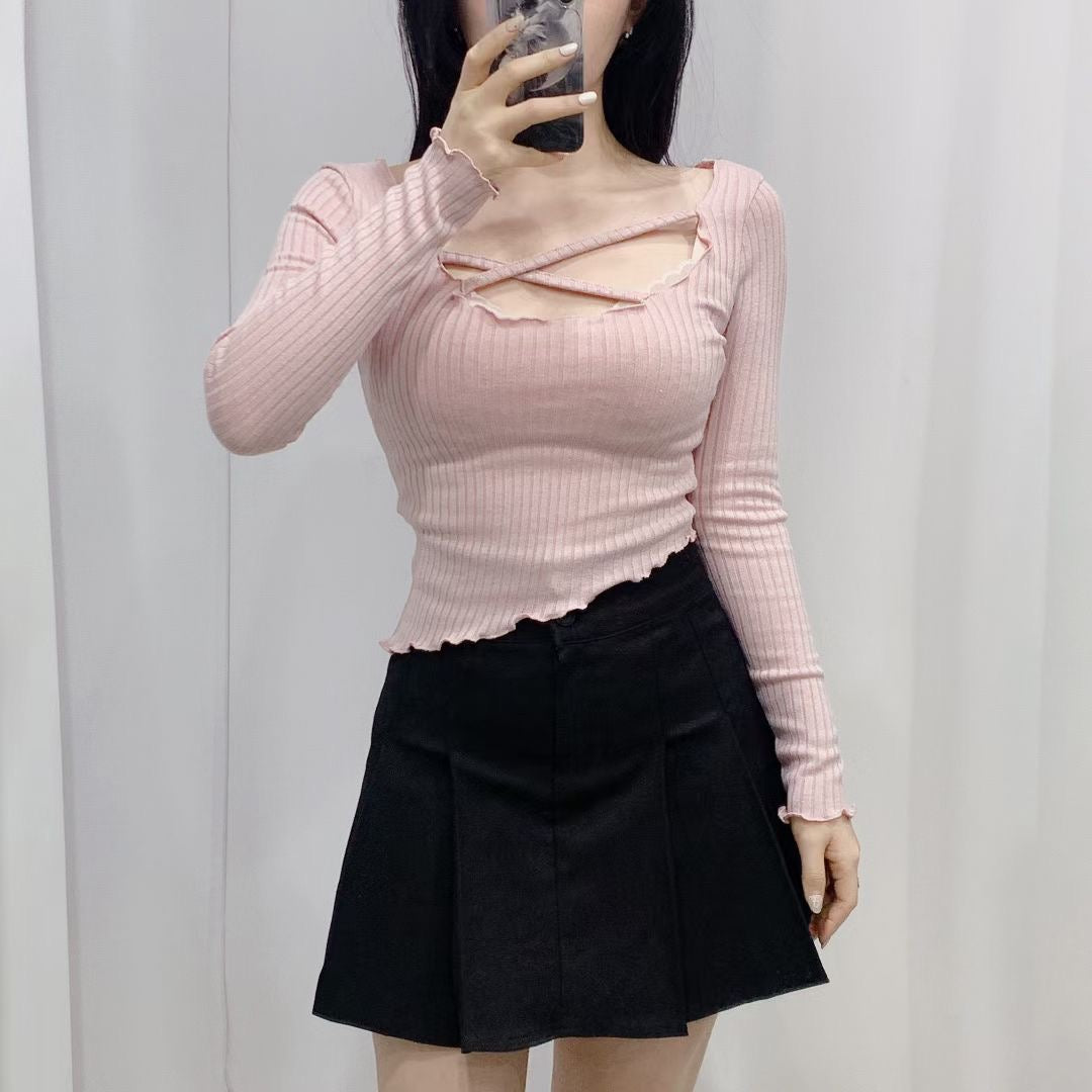 交叉綁帶木耳邊Top