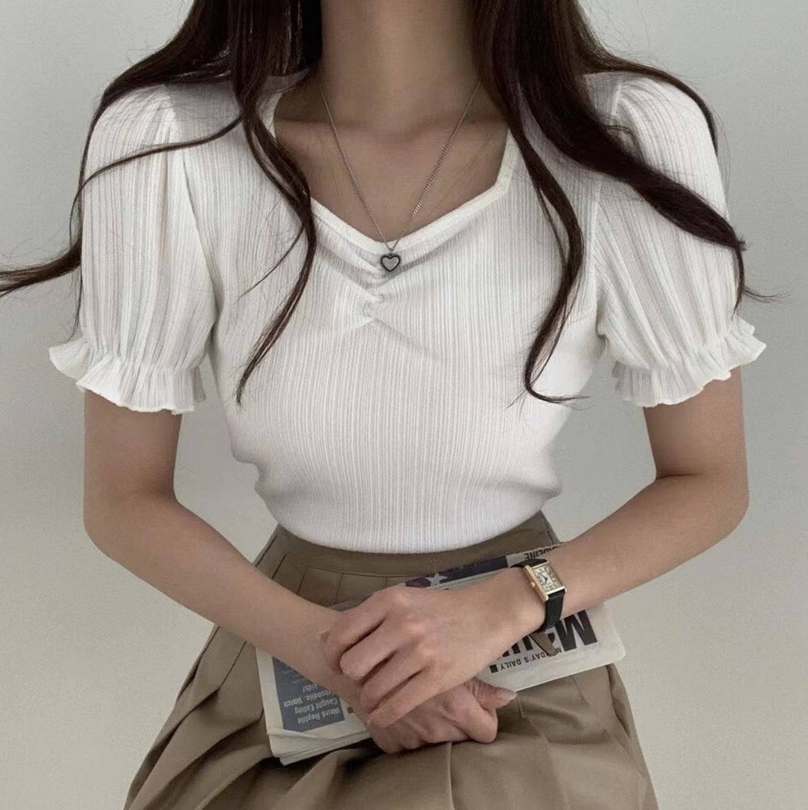 心形領公主袖坑紋上衣