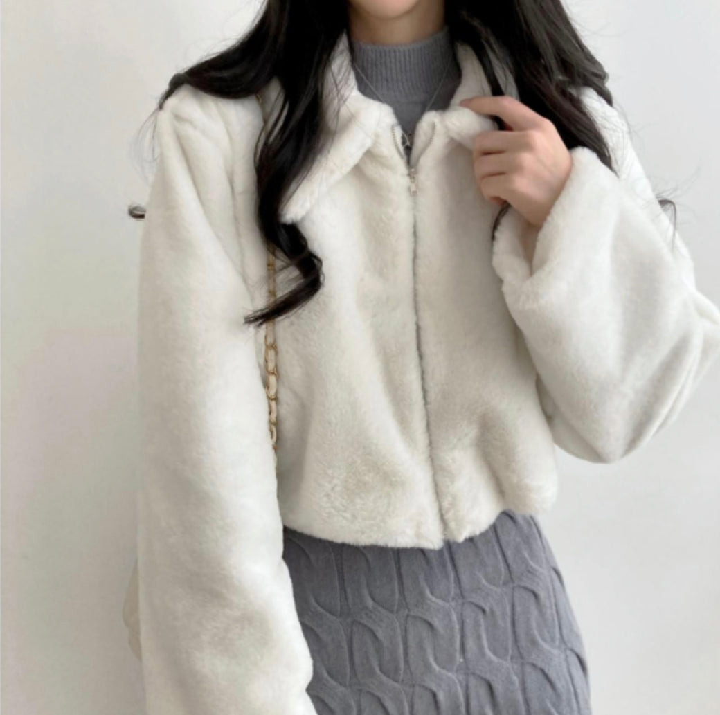 翻領小雪貂滑毛拉鍊外套