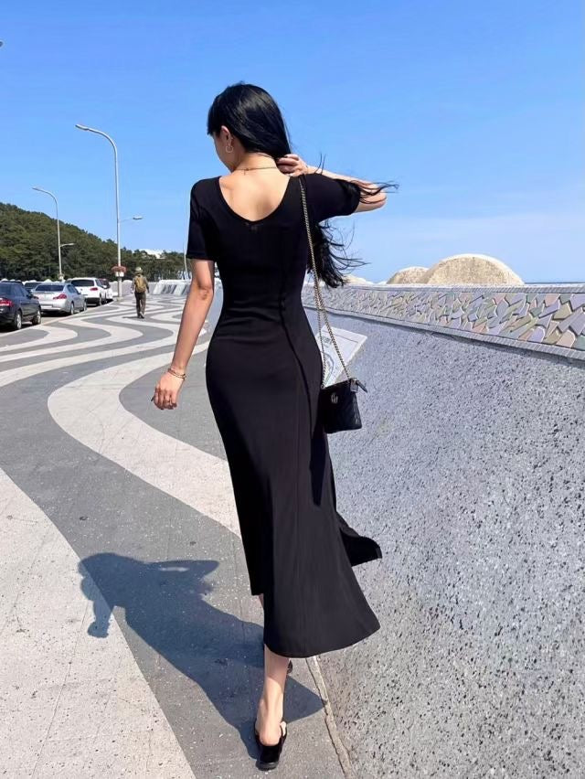 性感U領開衩長裙