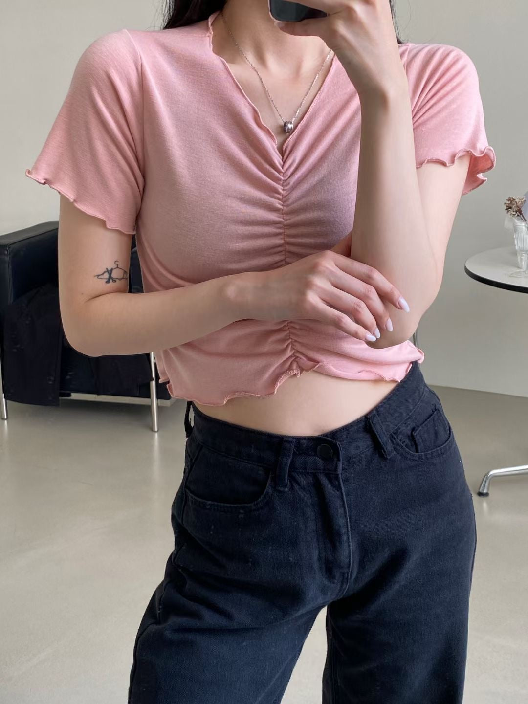 木耳邊抓胸皺摺Crop Top